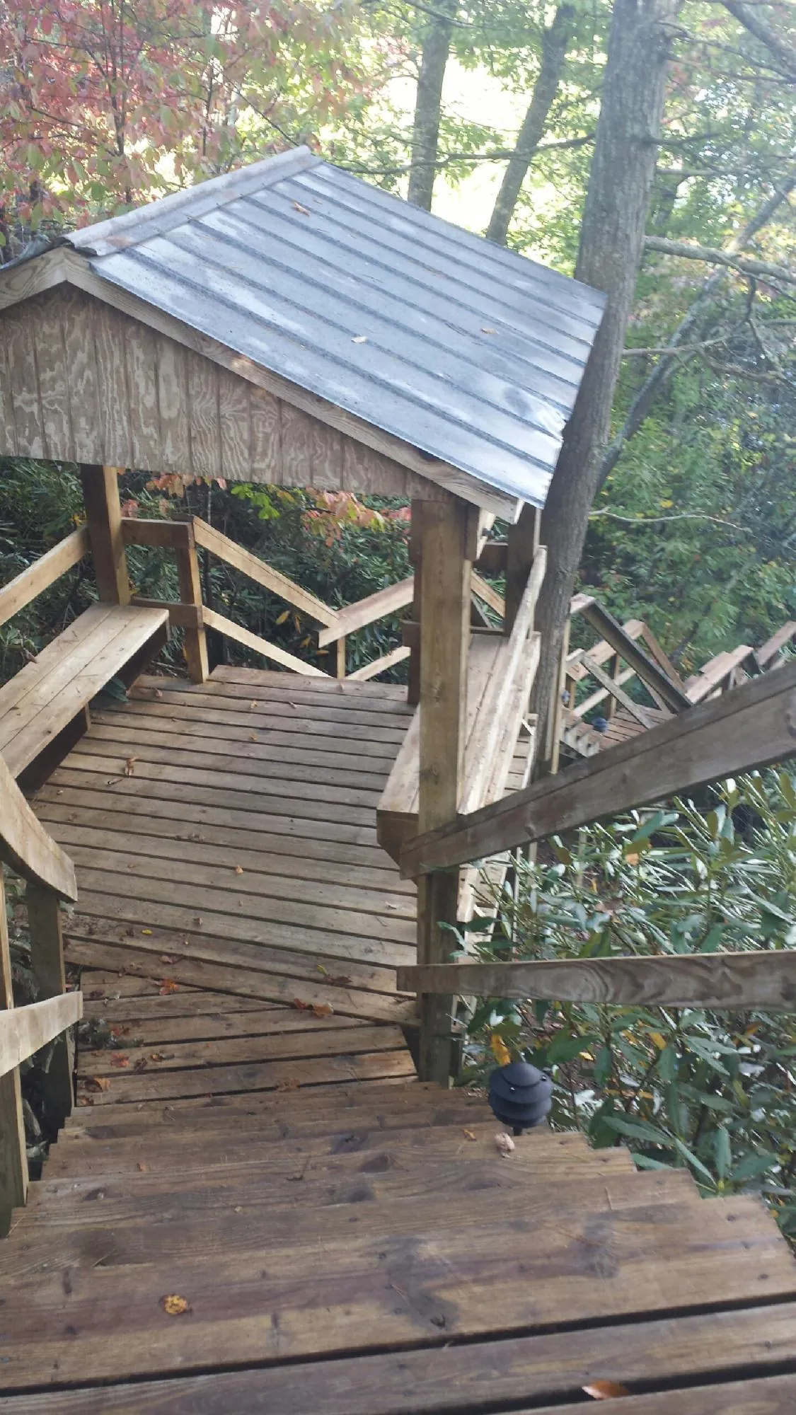 Metal roofed shelter over wooden steps on a wooded walkway — Skylight Repair & Installation work by our crew in Grimes
